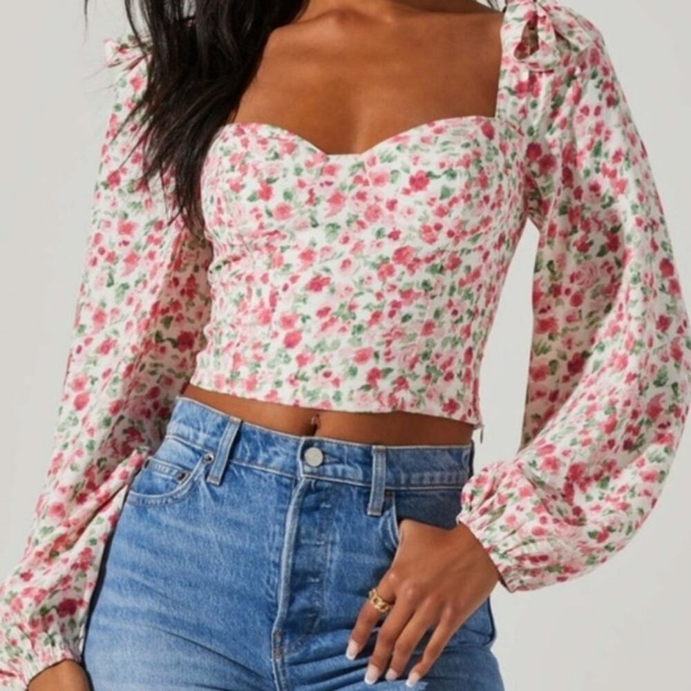 ASTR The Label Puff Sleeve Babydoll Top M Pink Floral Ruched Back Coquette Fairy
